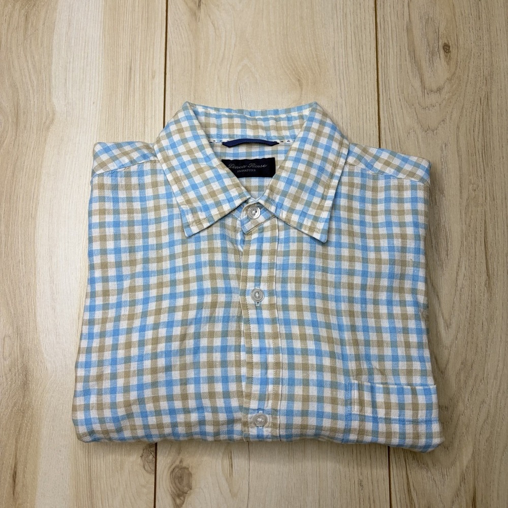 Linea Rossa Mens Signature Beige Gingham Button Up Shirt Linen Medium Casual